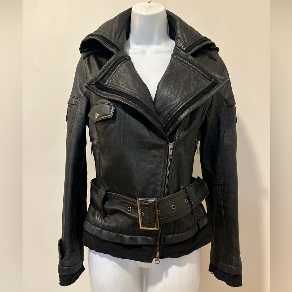 MISS TOP GUN Leather Black Two Way Zip Fleece Trim Moto Biker Jacket S/XS